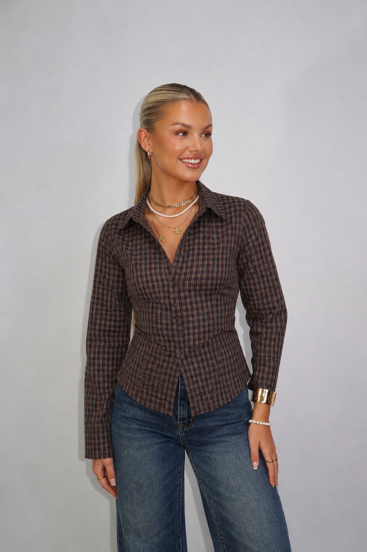 Brown check fitted blouse
